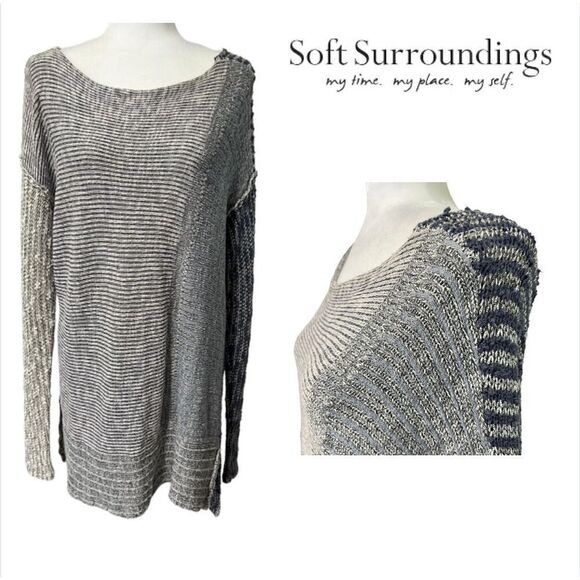 SOFT SURROUNDINGS Knit Sweater XLarge Gray and Navy Lagenlook Oversized - Picture 1 of 12